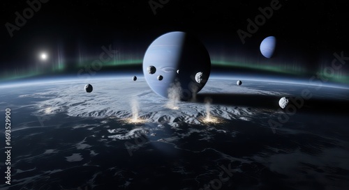 Distant Planet with Aurora Borealis, Impacting Asteroids, and a Second Moon