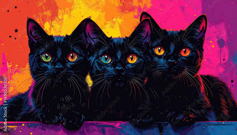 Fototapeta Three black kittens with vibrant colorful backgrounds, showcasing expressive eyes.