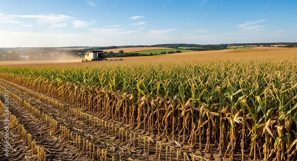 Obraz premium Agricultural Landscape with Harvesting Vehicle Amidst Golden Fields Under a Bright Blue Sky and Scattered Clouds