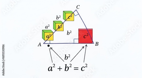 Pythagorean Theorem Illustrated with Colorful Cubes and Geometric Triangle Diagram