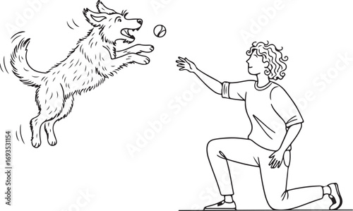 Line drawing of a person playing fetch with a dog ball
