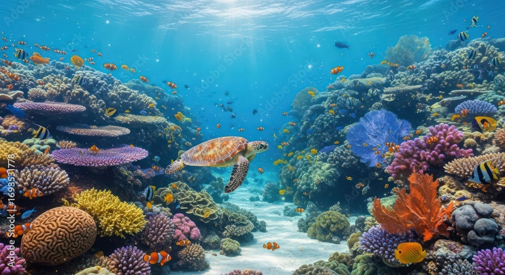 Naklejka premium A vibrant underwater ecosystem teeming with life, featuring a sea turtle among coral reef formations