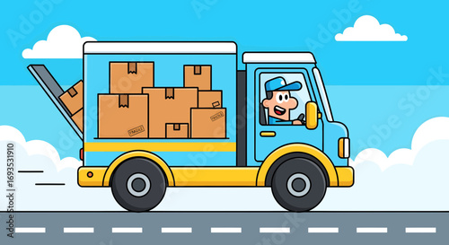 Illustration of a happy delivery driver operating a truck loaded with parcels on a sunny day