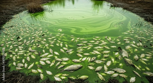 Ecological disaster: a pond filled with dead fish floating in murky green water caused by pollution
