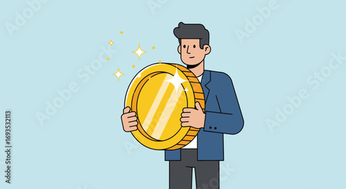 Wealth Accumulation Man Holding Golden Coin, Symbolizing Finance and Investment Success