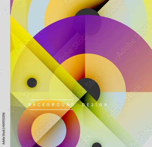 Abstract colorful shapes overlap, creating dynamic visual effect. Bright gradients, circles, polygons form modern design.