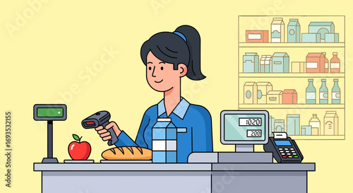 Friendly female cashier character scanning grocery items at the checkout counter. Flat vector illustration of a retail worker at her job