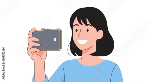 A smiling young woman holding a mobile device to take a photo or record a video – clean vector style illustration