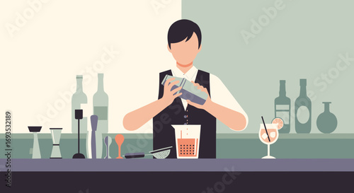 Flat vector illustration of a bartender mixing cocktails at a modern bar. Clean design, muted colors, and minimalist style perfect for hospitality or beverage concepts