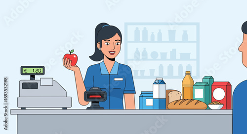 Grocery store cashier scans an apple at the register with food items and a customer in a minimalist vector illustration