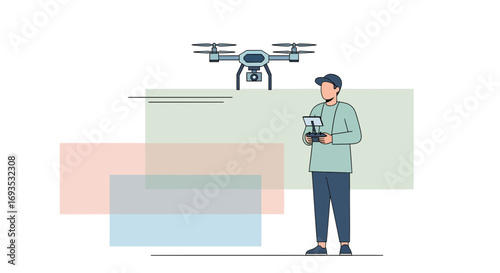 Drone Operator Flat Vector Illustration of Person Controlling Drone with Remote