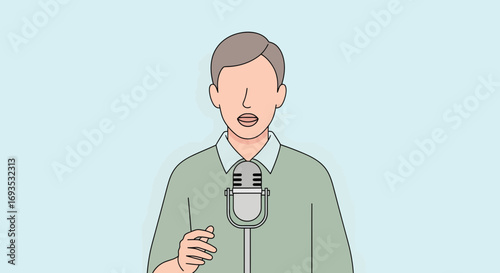 Man Speaking into Microphone Flat Vector Illustration