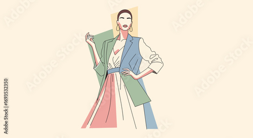 Stylish woman in trendy pastel outfit, modern flat vector illustration