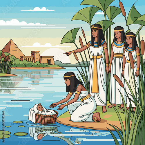 Moses found in basket at river nile, bible story