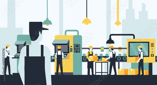 Modern Industrial Factory Scene Workers, Machinery, and Production Process in Flat Design