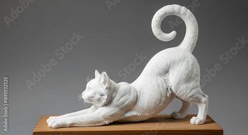 White Cat Sculpture Stretching on Wooden Base.