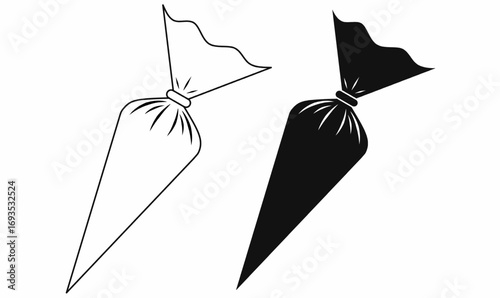 Vector icon of piping bag or pastry bag for cake decorating, black and white outline and silhouette style, bakery tool symbol for pastry, dessert, confectionery design elements