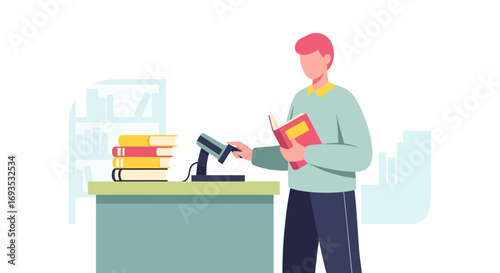 Flat vector illustration of a person at a library desk with books. Minimal modern design, pastel colors, clean shapes. Ideal for education, reading, and learning