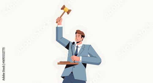 Flat vector illustration of a professional auctioneer or judge holding a gavel during a legal proceeding or business auction, embodying decision-making and authority in a clean, modern design