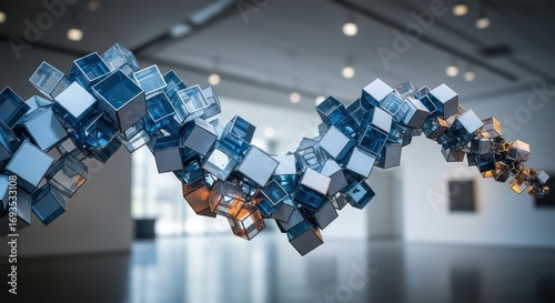 Floating Abstract Sculpture of Blue and Silver Cubes in Modern Gallery Space