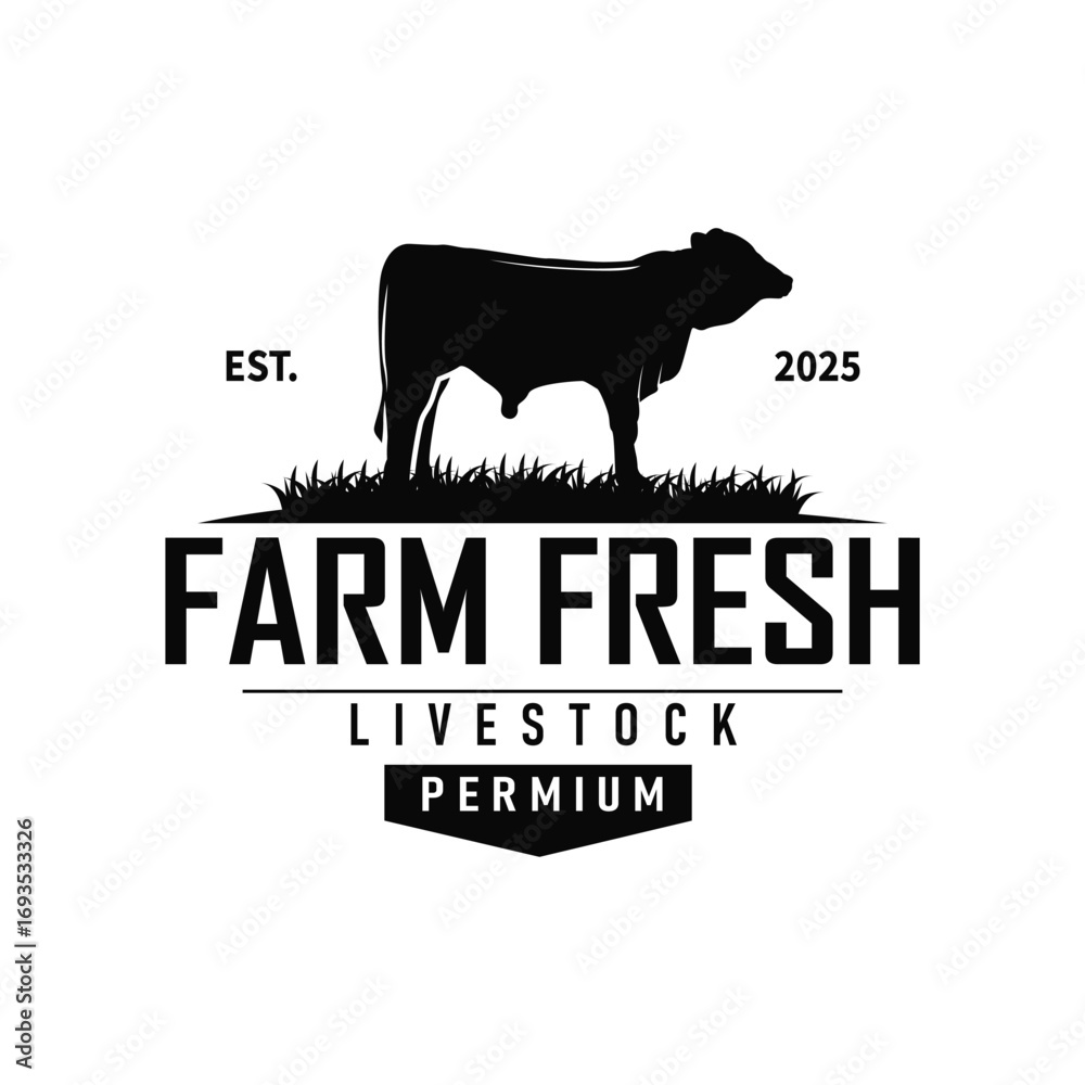 Obraz premium Livestock farm design concept cow logo with black silhouette of cow, design for farm, farmer, brand, business and poster template as icon symbol illustration