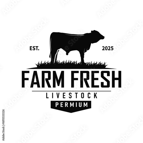 Livestock farm design concept cow logo with black silhouette of cow, design for farm, farmer, brand, business and poster template as icon symbol illustration