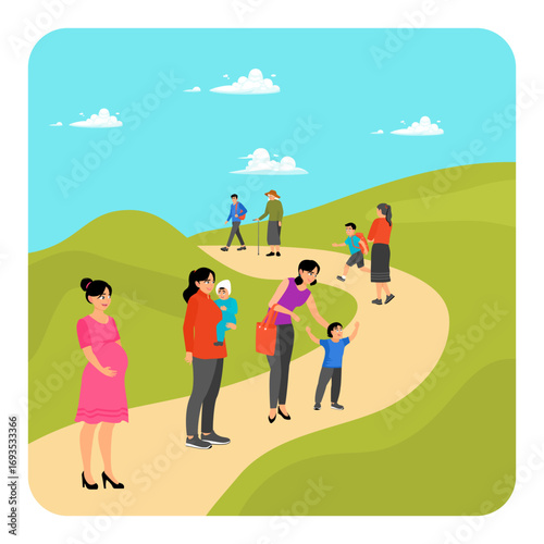 Mother letting go growing child. Pregnant woman, infant, toddler, walking with child, teenager.