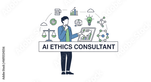 Flat design vector illustration of an AI ethics consultant analyzing data and policy surrounded by technology and legal icons