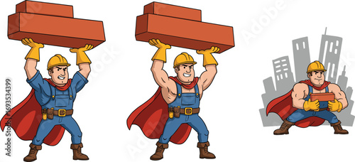 Strong cartoon builder superhero lifting bricks, construction hero character, muscular construction worker mascot, city background illustration for projects