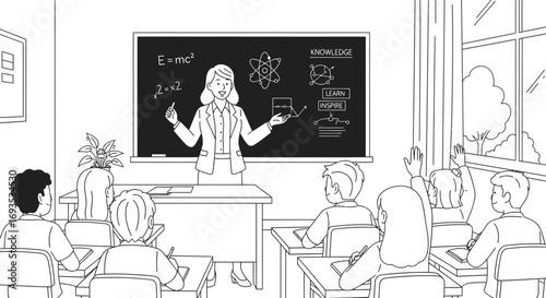 School Teacher Explaining Lesson to Students at the Blackboard