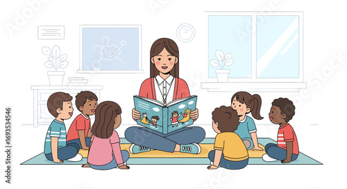 Teacher reading a story to a group of attentive children in a classroom setting