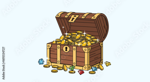 Cartoon illustration of an open treasure chest brimming with gold coins and colorful gems, symbolizing wealth, prosperity, and the exciting reward of success