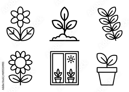 Collection of Simple Line Icons Representing Plants and Growth