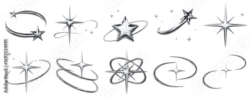 Obraz na płótnie Y2K Silver Chrome Metallic Collection - 3D Shooting Star Orbit Icon Set with Tra
