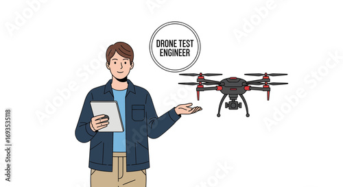 Drone Test Engineer with Drone, Flat Design, Vector Illustration for Technology and Industry