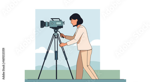 Filmmaker Setting Up Camera A Flat Vector Illustration of a Woman Cameraman
