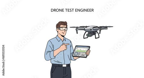 Professional engineer conducting drone testing with a tablet, a vector illustration of modern aerial technology development