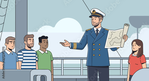 Vector illustration of a friendly sea captain explaining the route on a map to a group of tourists on a cruise ship deck