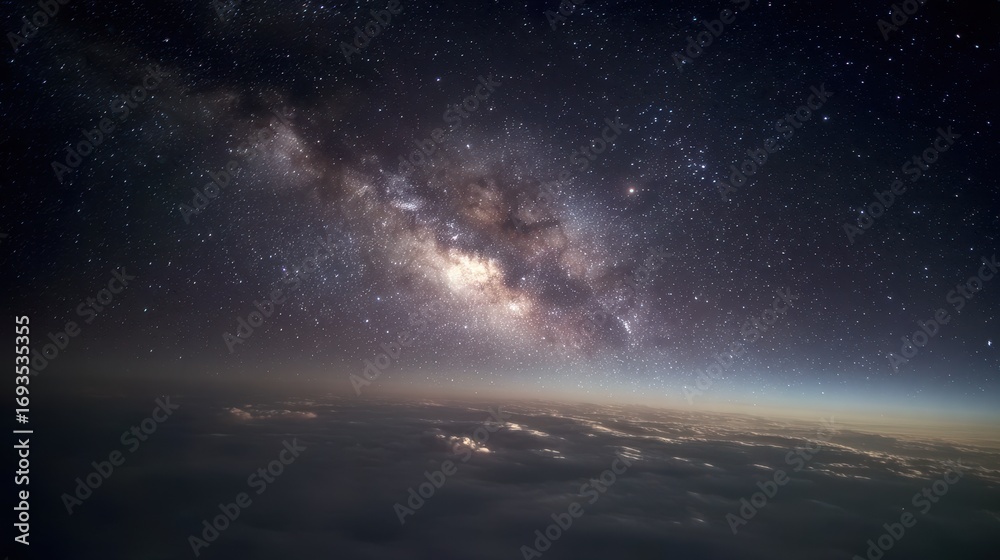 Fototapeta premium Aerial View of Milky Way Galaxy over Cloud Layer at Night