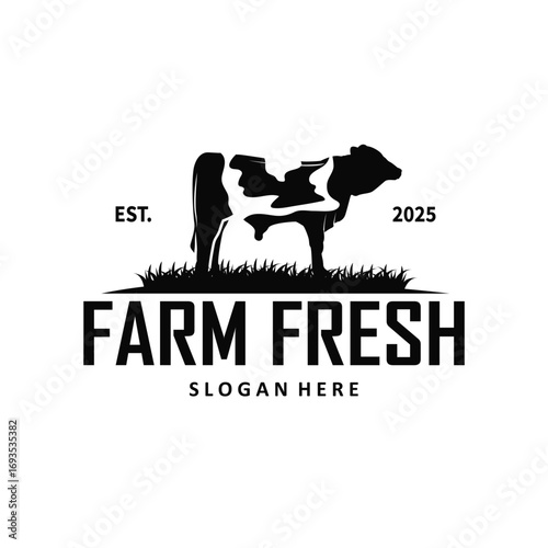 Livestock farm design concept cow logo with black silhouette of cow, design for farm, farmer, brand, business and poster template as icon symbol illustration