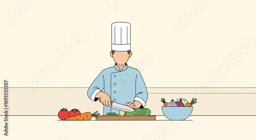 Flat vector illustration of a chef in a blue uniform chopping vegetables on a wooden cutting board in a minimalist kitchen setting