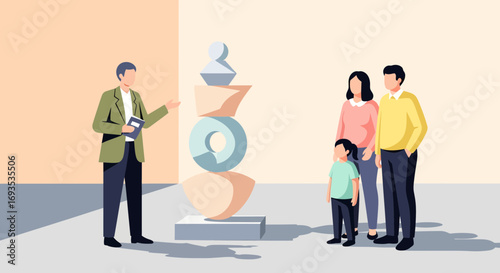 A modern museum curator guides a family through an art exhibit featuring a minimalist sculpture, captured in a flat vector illustration style with muted pastel colors
