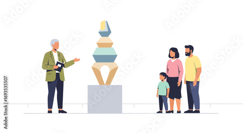 Art gallery guide explaining a contemporary sculpture to a young family during a cultural exhibition tour