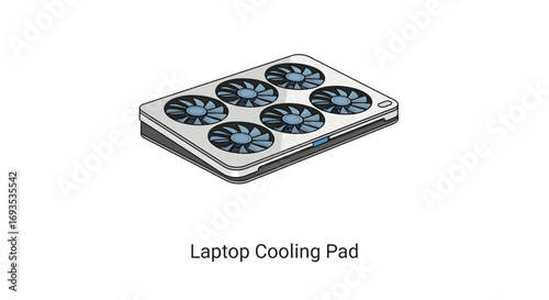 A sleek, modern vector illustration of a laptop cooling pad featuring six integrated fans for optimal heat dissipation, presented in a clean, simple flat design on an isolated white background