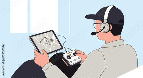 A remote pilot controls a delivery drone using a digital map and controller, depicted in a modern flat vector illustration style