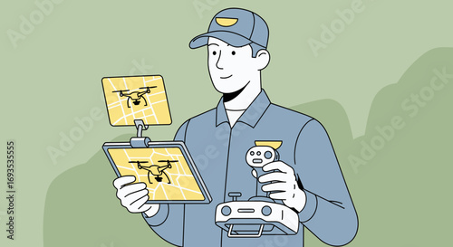 Flat vector illustration of a drone operator managing a quadcopter with a remote control and a tablet displaying a map for aerial navigation