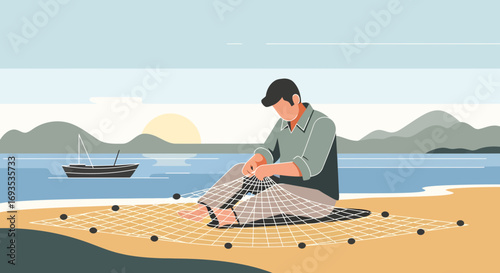 Mending Nets by the Sea A Serene Coastal Scene of a Fisherman Repairing His Fishing Gear