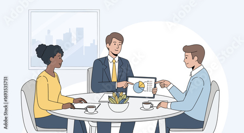 Team Collaboration Discussing Financial Strategies and Analyzing Charts in a Meeting