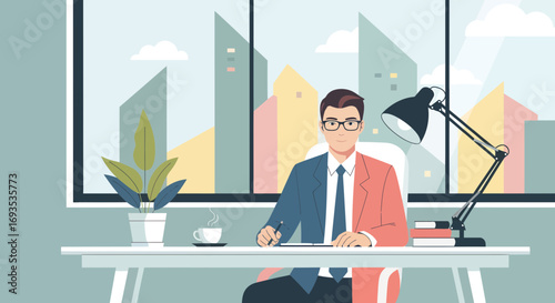 A modern flat vector illustration showcasing the concept of work-life balance with a businessman in a dual-colored suit at his office desk