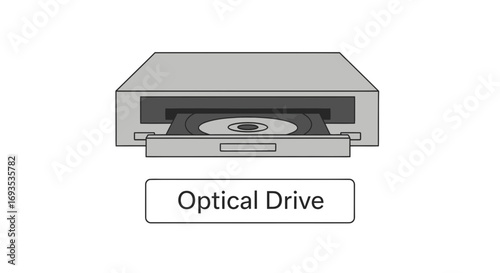 Vector illustration of an optical disc drive on a white background, simple flat design, clean lines, modern icon style